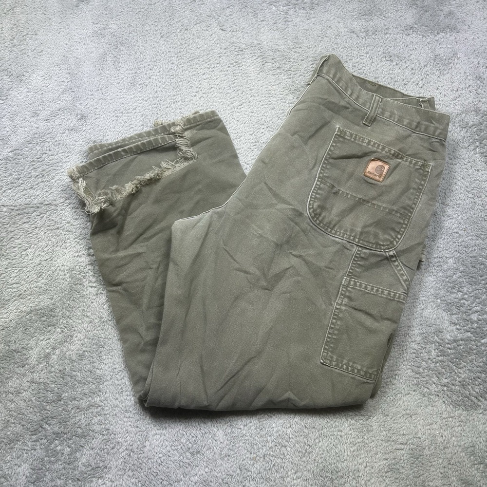 Carhartt Carpenter Pants 40x30 Green Canvas Dungaree Distress *HEEL DRAG B11 MOS